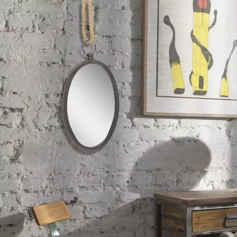 Grand miroir mural ovale en métal avec corde de suspension, style ferme, aucun assemblage requis