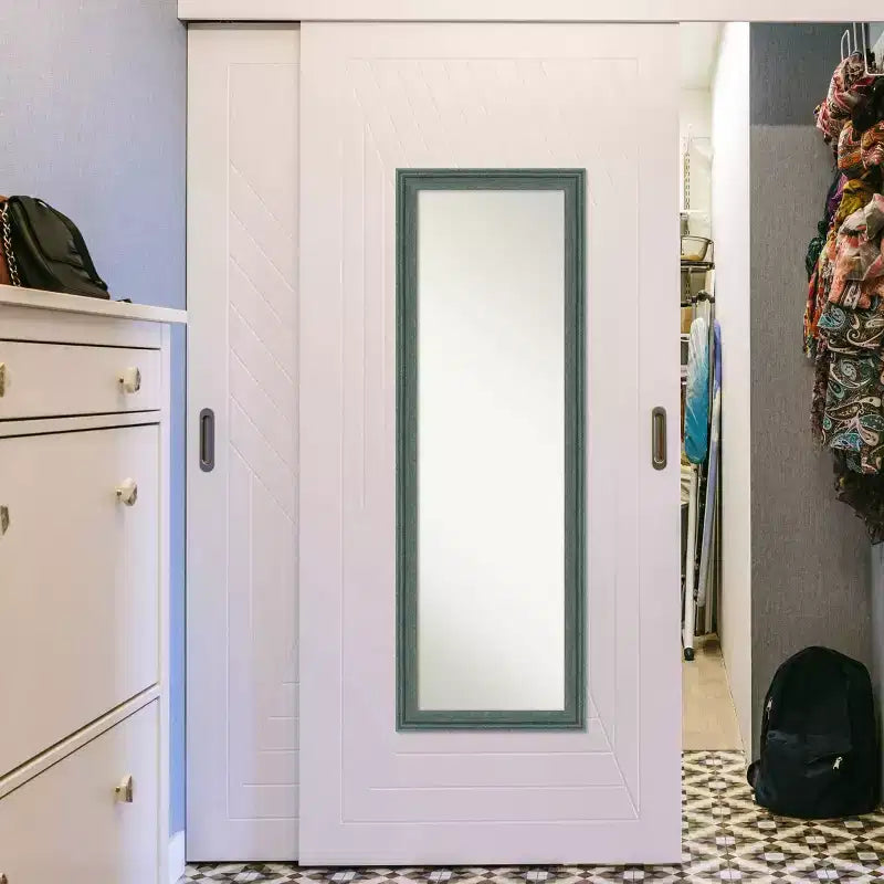 Miroir de porte sur toute la longueur, sans biseau, 18"x52", cadre en bois gris-bleu sarcelle recyclé