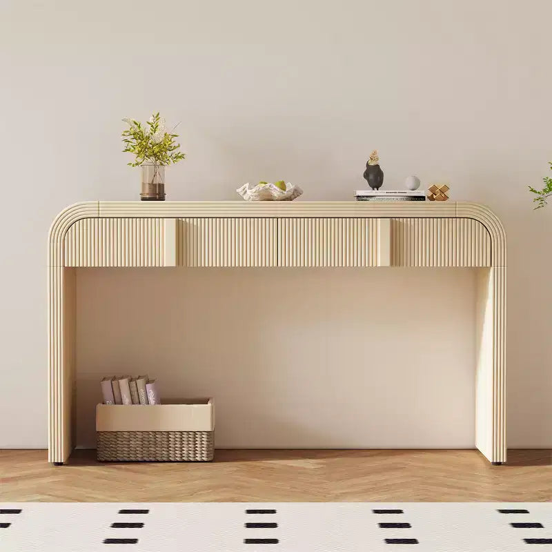 Table console moderne de 55", meuble de rangement avec 2 tiroirs, surface lisse et arrondie, table console brillante pour salon, salle à manger, entrée