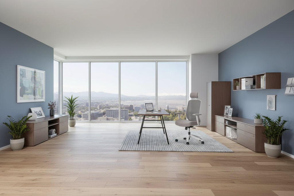 Chaise de bureau à dossier en maille, hauteur réglable de 17,95" à 21,1", assise grise, dossier gris/blanc, piètement blanc