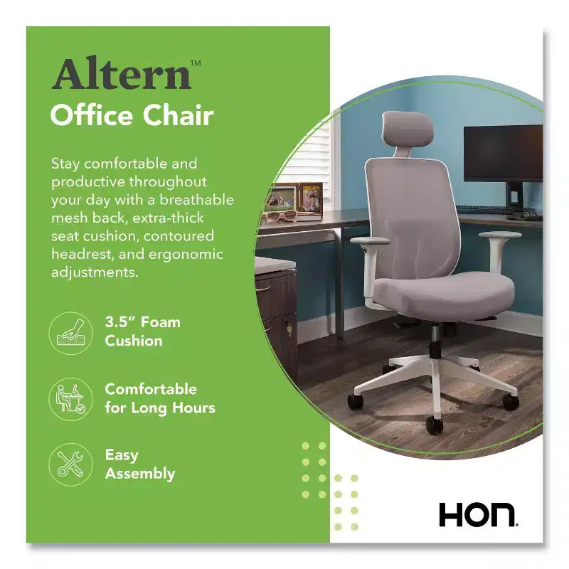 Chaise de bureau à dossier en maille, hauteur réglable de 17,95" à 21,1", assise grise, dossier gris/blanc, piètement blanc