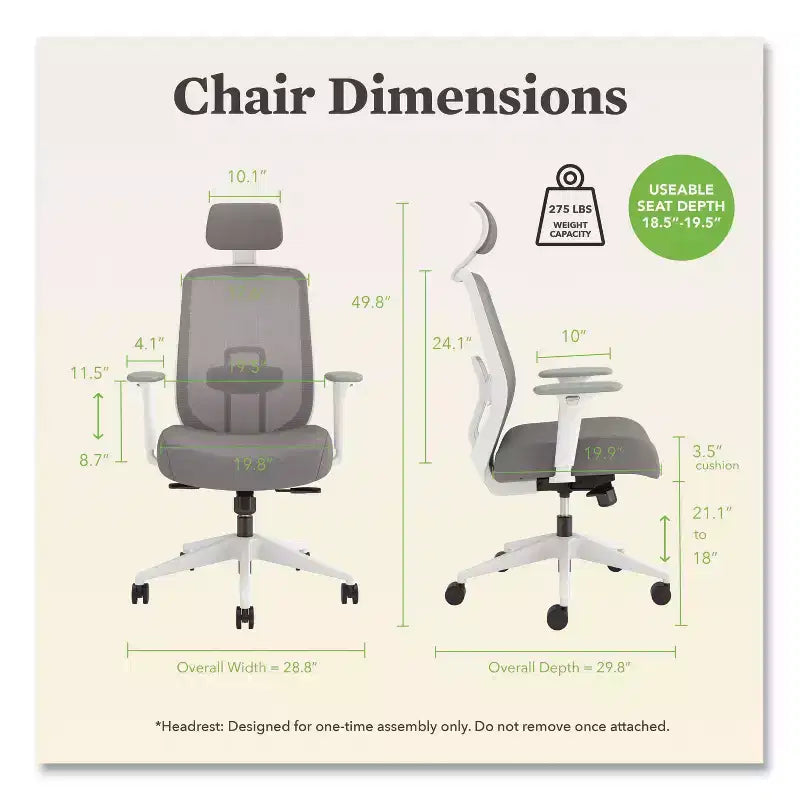 Chaise de bureau à dossier en maille, hauteur réglable de 17,95" à 21,1", assise grise, dossier gris/blanc, piètement blanc