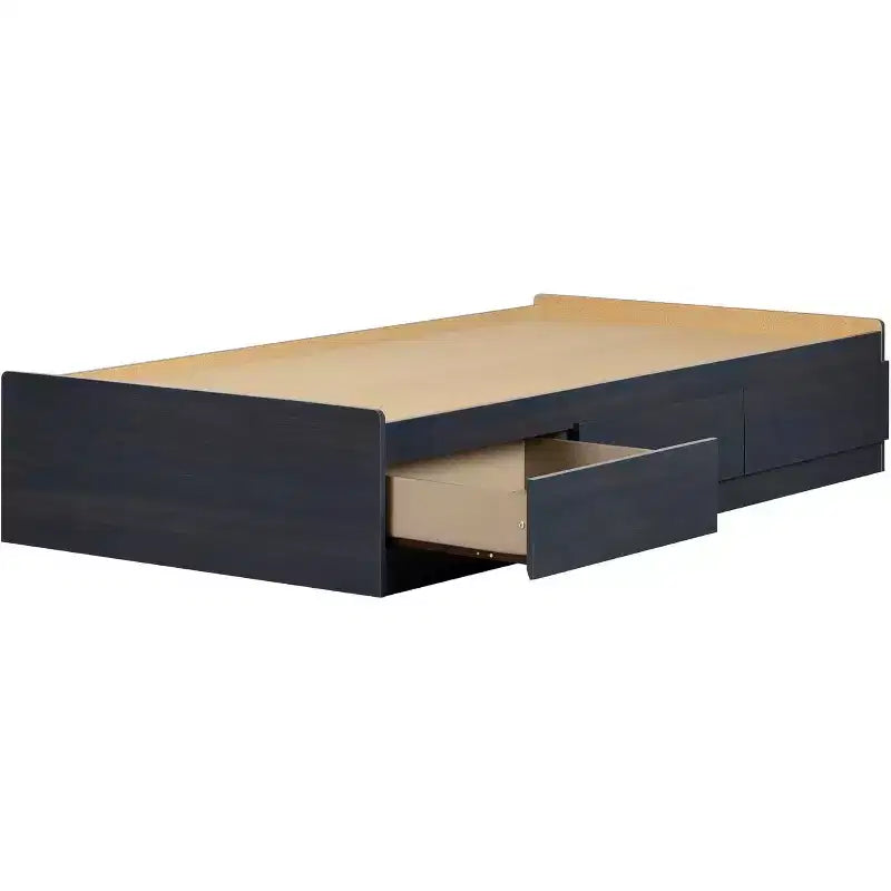 Lit plateforme de rangement simple avec 3 tiroirs, bleu, hauteur 37,5 cm