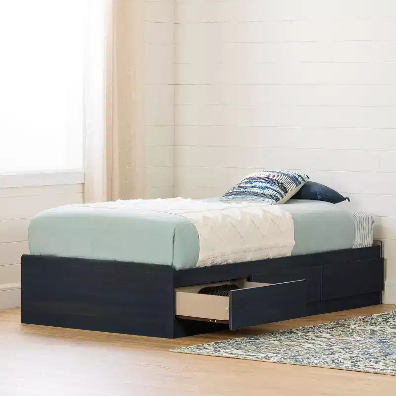 Lit plateforme de rangement simple avec 3 tiroirs, bleu, hauteur 37,5 cm