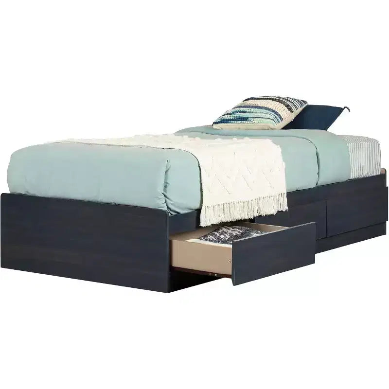 Lit plateforme de rangement simple avec 3 tiroirs, bleu, hauteur 37,5 cm