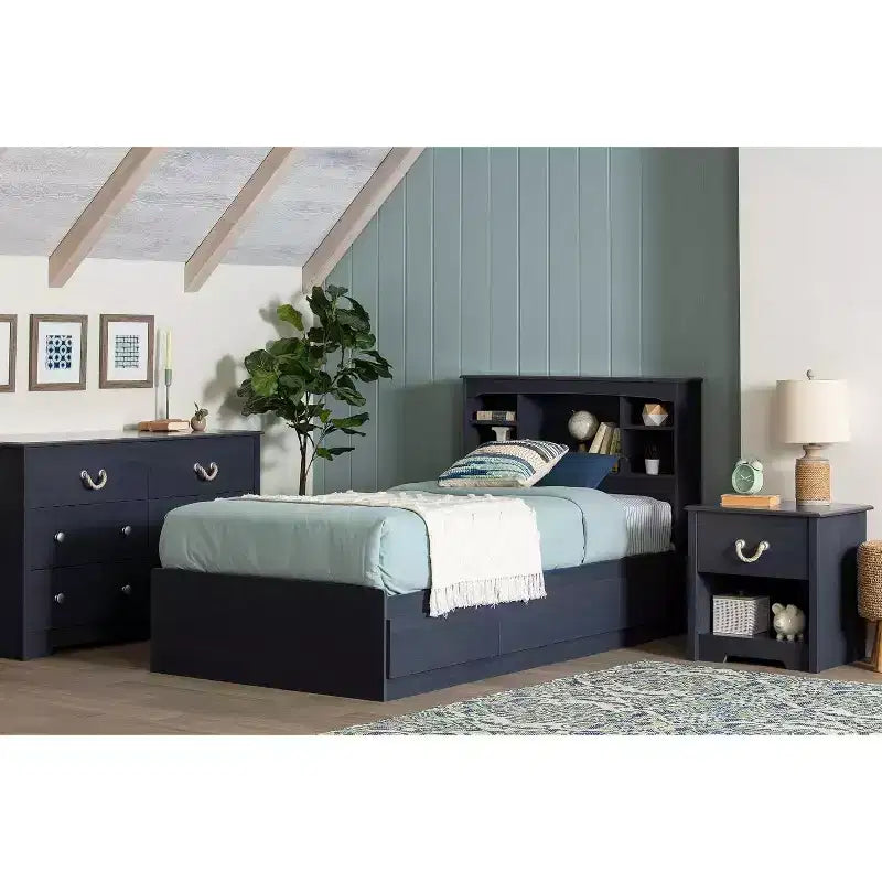 Lit plateforme de rangement simple avec 3 tiroirs, bleu, hauteur 37,5 cm