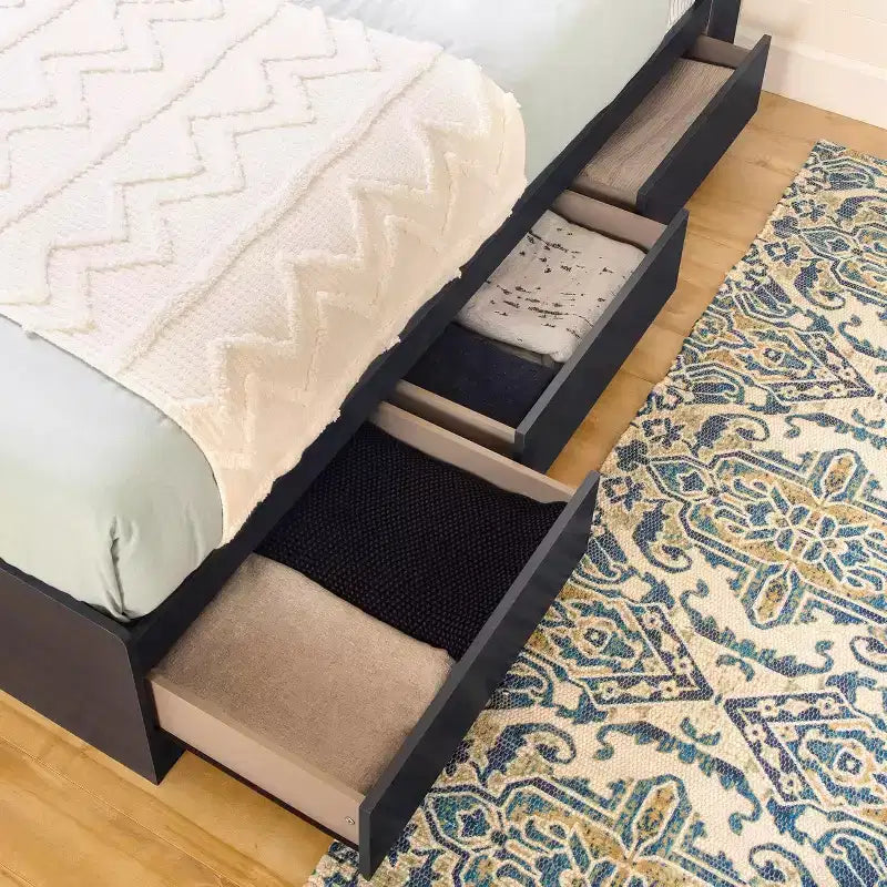 Lit plateforme de rangement simple avec 3 tiroirs, bleu, hauteur 37,5 cm