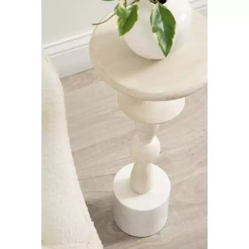 Table d'appoint ronde en bois de manguier avec base en marbre, 23 x 56 cm, finition blanchie
