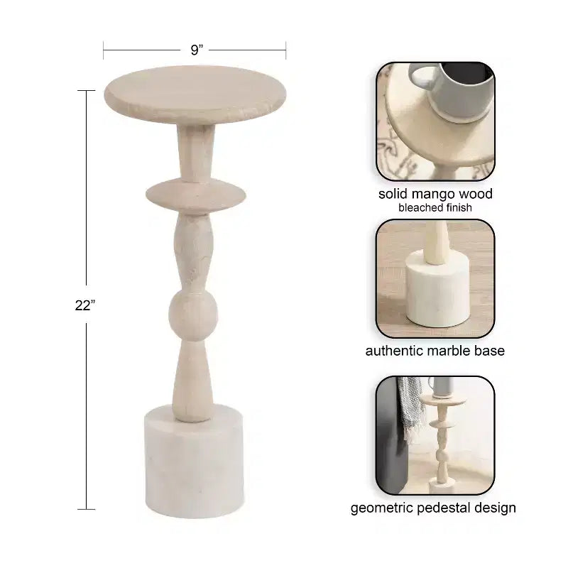 Table d'appoint ronde en bois de manguier avec base en marbre, 23 x 56 cm, finition blanchie