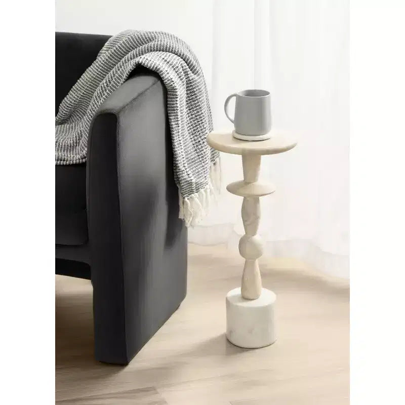 Table d'appoint ronde en bois de manguier avec base en marbre, 23 x 56 cm, finition blanchie