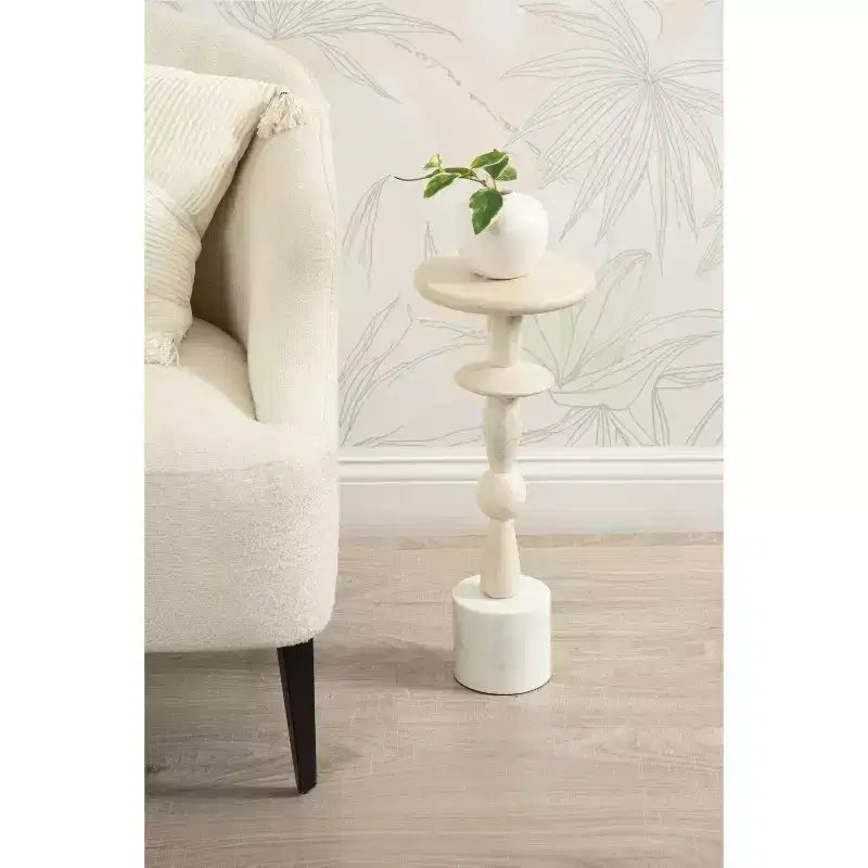 Table d'appoint ronde en bois de manguier avec base en marbre, 23 x 56 cm, finition blanchie