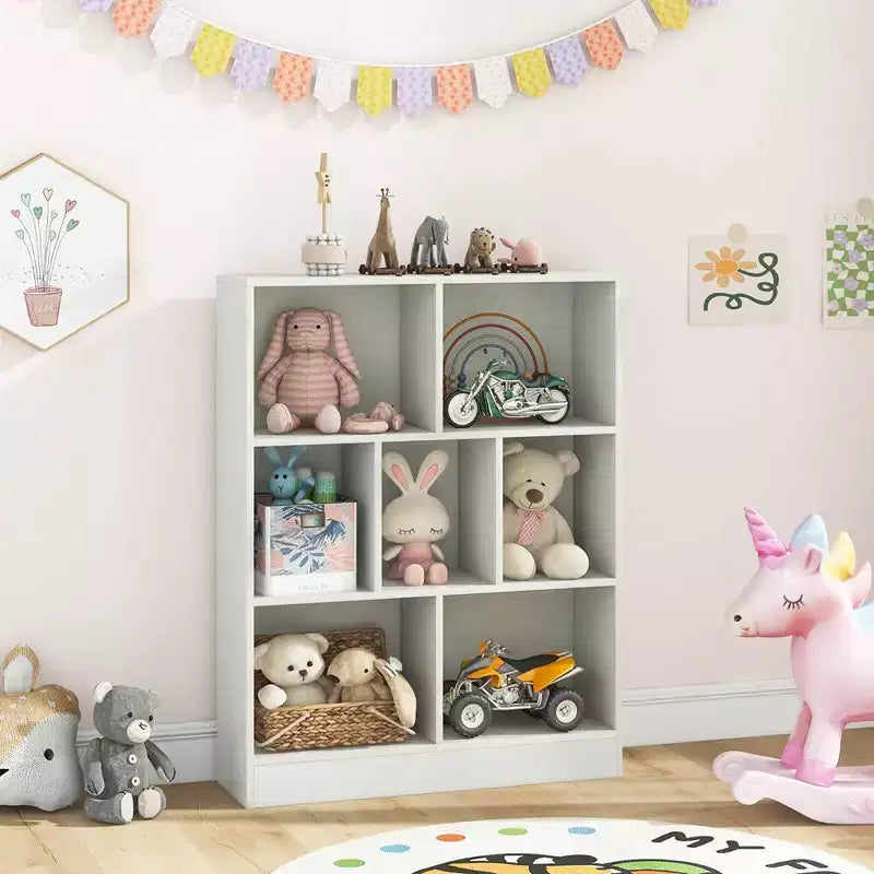 Étagère à livres pour enfants à 7 cubes, organiseur de jouets, bibliothèque autoportante de 104 cm, marron/blanc