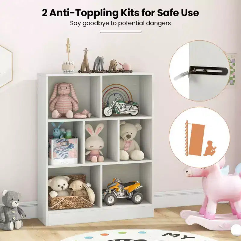 Étagère à livres pour enfants à 7 cubes, organiseur de jouets, bibliothèque autoportante de 104 cm, marron/blanc
