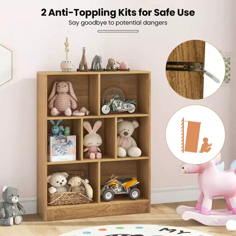 Étagère à livres pour enfants à 7 cubes, organiseur de jouets, bibliothèque autoportante de 104 cm, marron/blanc
