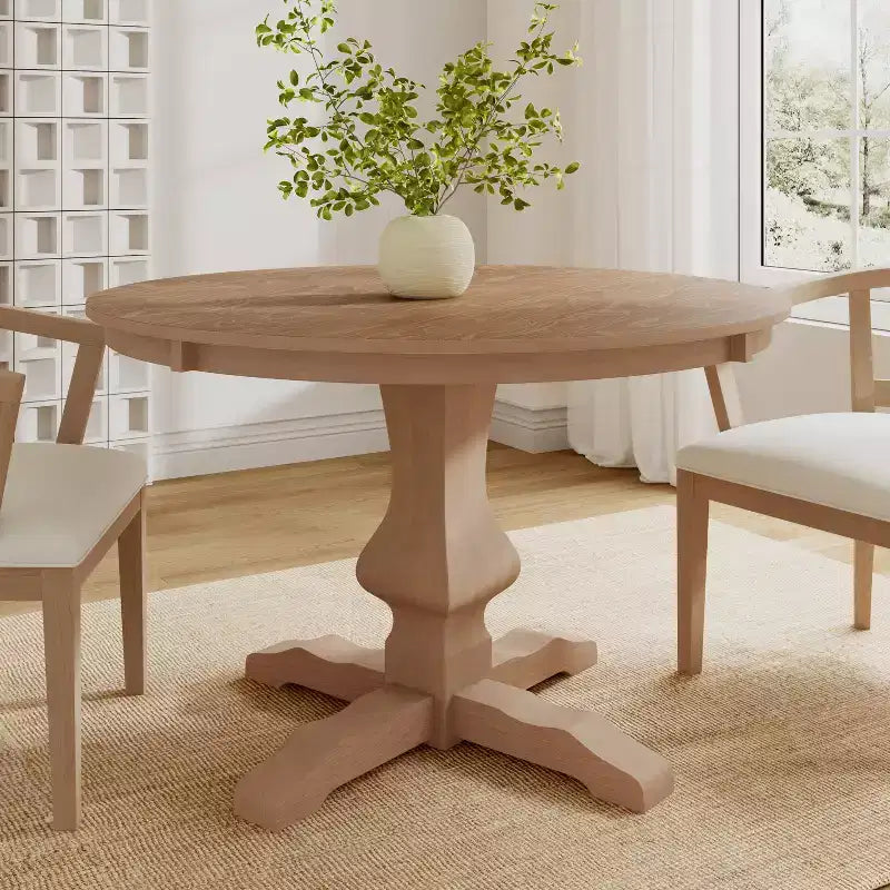 46" Round Rustic Wood Dining Table with Pedestal Leg, Seats 4, 300 lb Capacity
