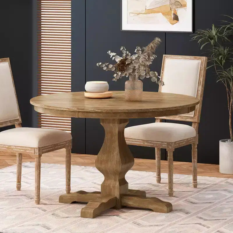 46" Round Rustic Wood Dining Table with Pedestal Leg, Seats 4, 300 lb Capacity