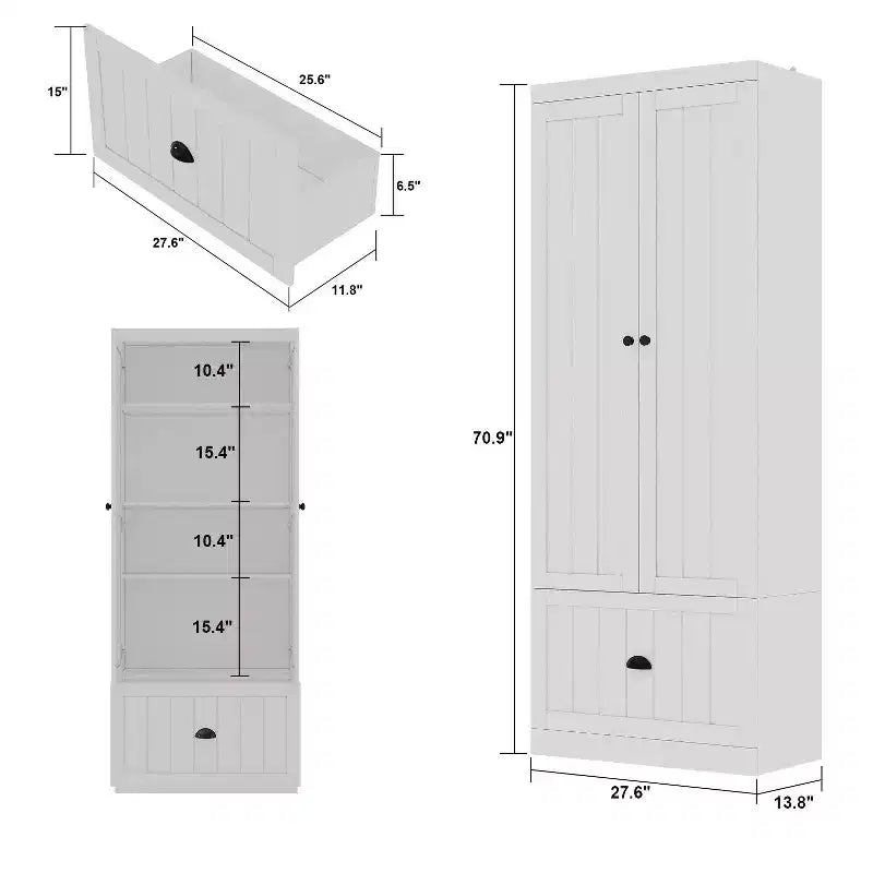 Armoire-penderie blanche avec deux portes, un tiroir et 4 niveaux de rangement