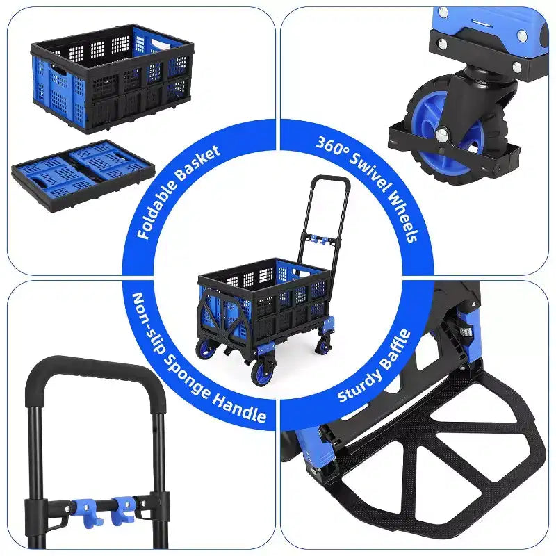 Diable Chariot Pliant 2 en 1 avec Panier Pliable, Capacité 150 kg