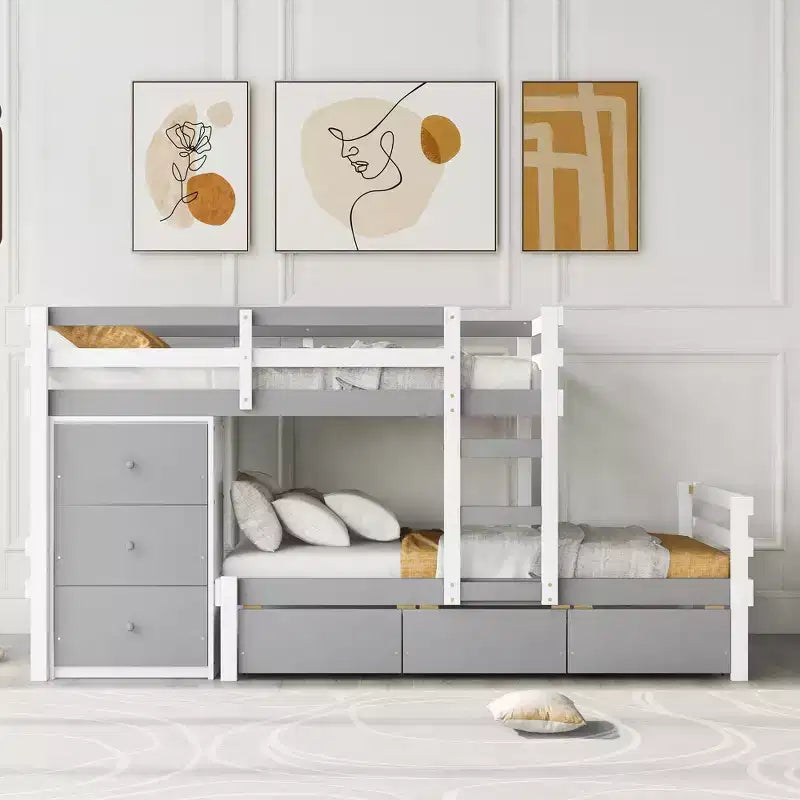 Lit superposé jumeau en bois avec 6 tiroirs et échelle, pin et MDF, 300 lb par lit