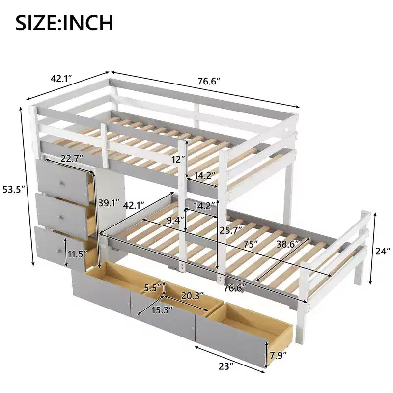 Lit superposé jumeau en bois avec 6 tiroirs et échelle, pin et MDF, 300 lb par lit