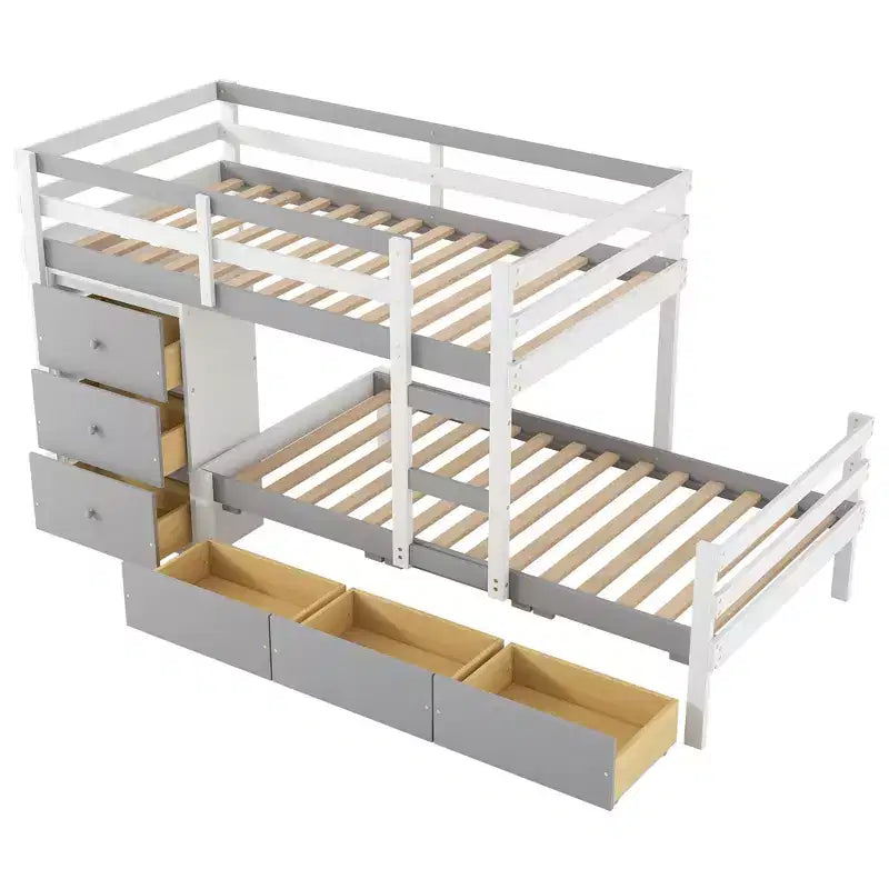 Lit superposé jumeau en bois avec 6 tiroirs et échelle, pin et MDF, 300 lb par lit