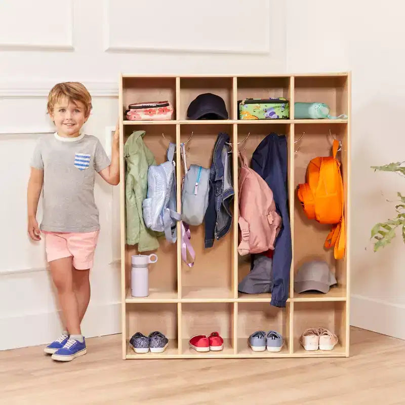 Casier à Manteaux pour Enfants à 4 Sections avec Rangement Cubby, Mobilier de Classe, Contreplaqué de Bouleau