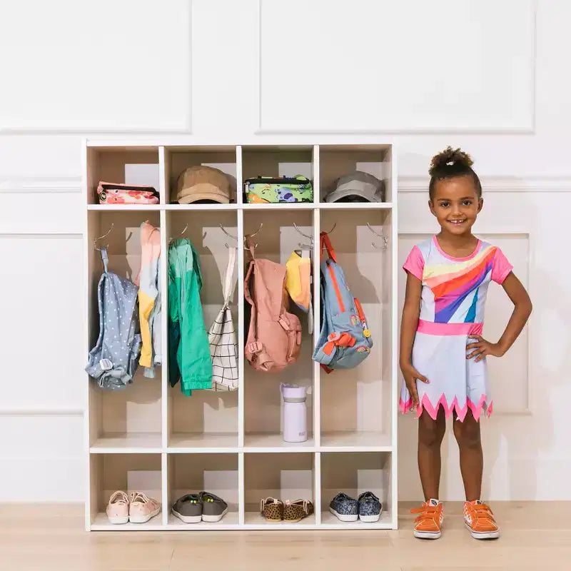 Casier à Manteaux pour Enfants à 4 Sections avec Rangement Cubby, Mobilier de Classe, Contreplaqué de Bouleau