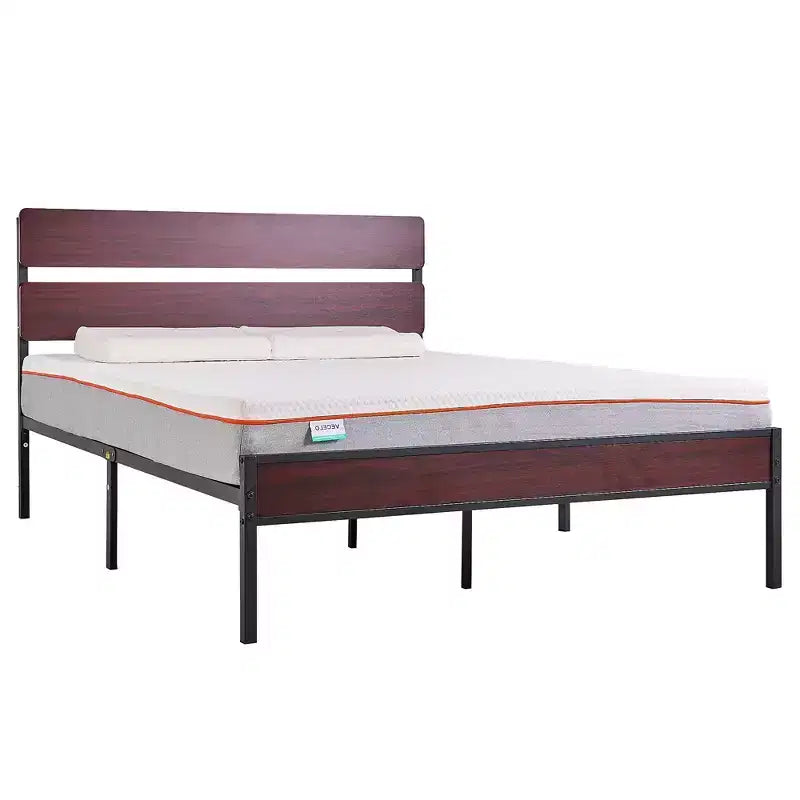 Cadre de lit Queen/King size avec tête de lit en bois, plateforme en métal, pas besoin de sommier tapissier, lattes en acier robustes, marron