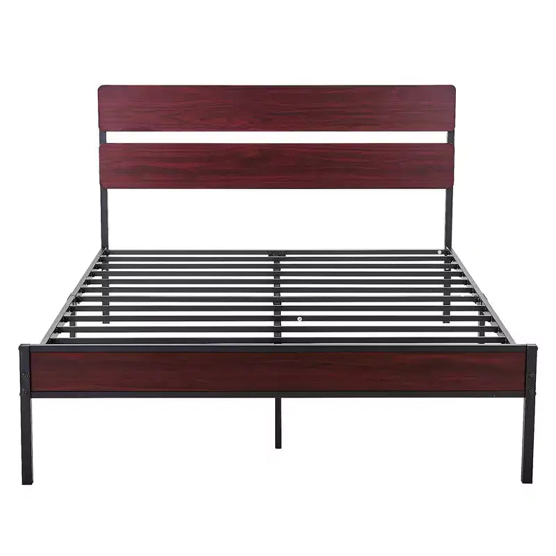 Cadre de lit Queen/King size avec tête de lit en bois, plateforme en métal, pas besoin de sommier tapissier, lattes en acier robustes, marron