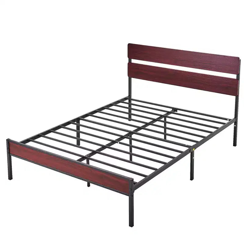 Cadre de lit Queen/King size avec tête de lit en bois, plateforme en métal, pas besoin de sommier tapissier, lattes en acier robustes, marron