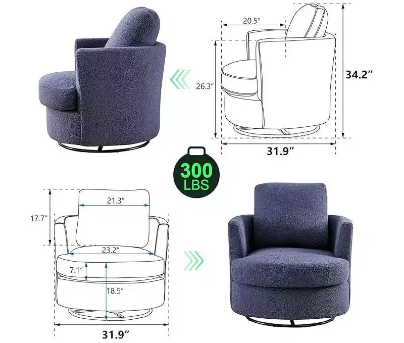 Fauteuil d'appoint pivotant en bouclette, 81 cm de large, cadre en bois et acier, capacité de 136 kg