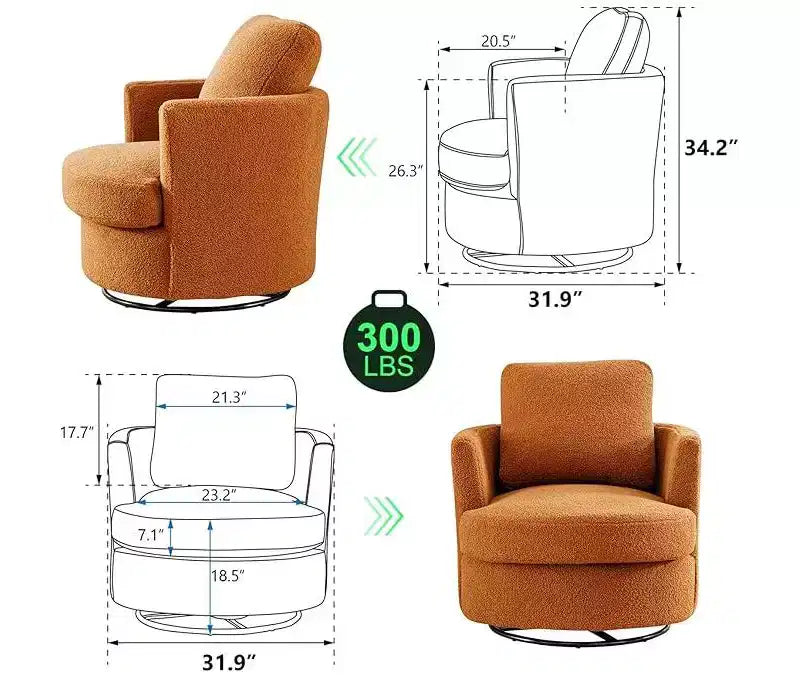 Fauteuil d'appoint pivotant en bouclette, 81 cm de large, cadre en bois et acier, capacité de 136 kg