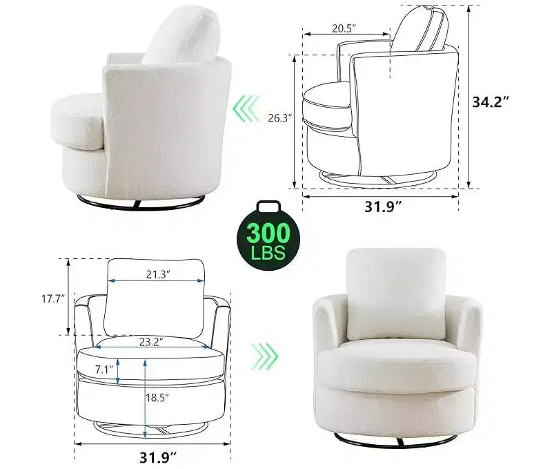 Fauteuil d'appoint pivotant en bouclette, 81 cm de large, cadre en bois et acier, capacité de 136 kg