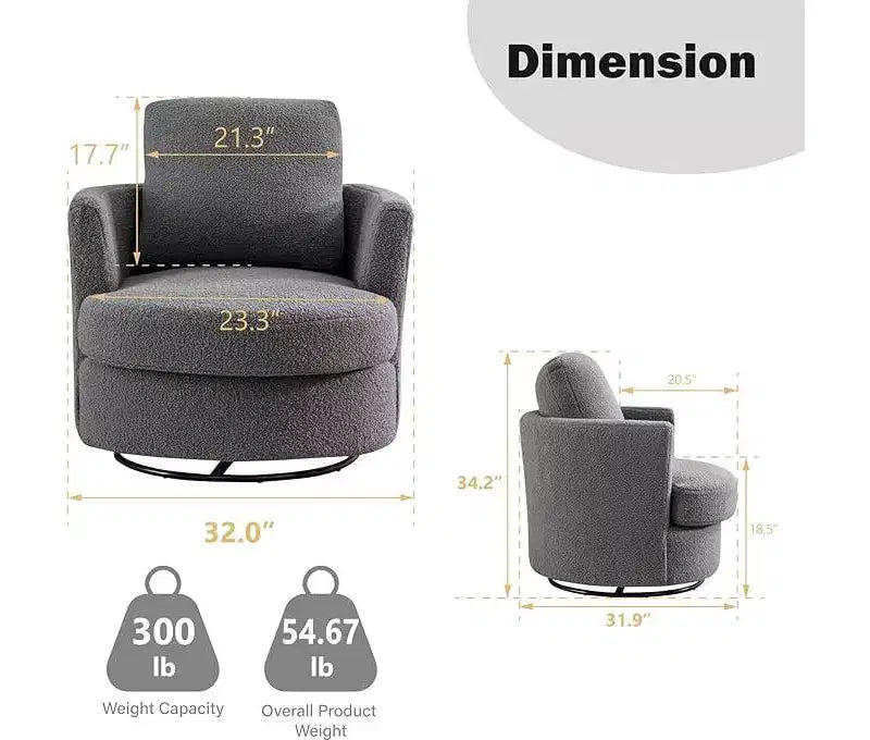 Fauteuil d'appoint pivotant en bouclette, 81 cm de large, cadre en bois et acier, capacité de 136 kg