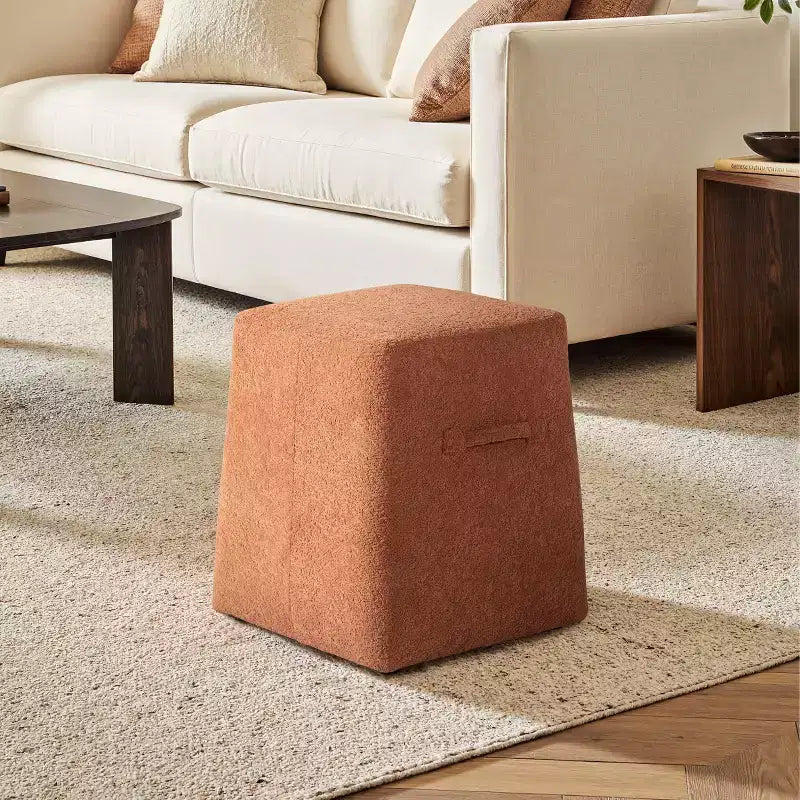 Pouf rembourré carré effilé 40 cm, en tissu peluche Teddy orange épicé
