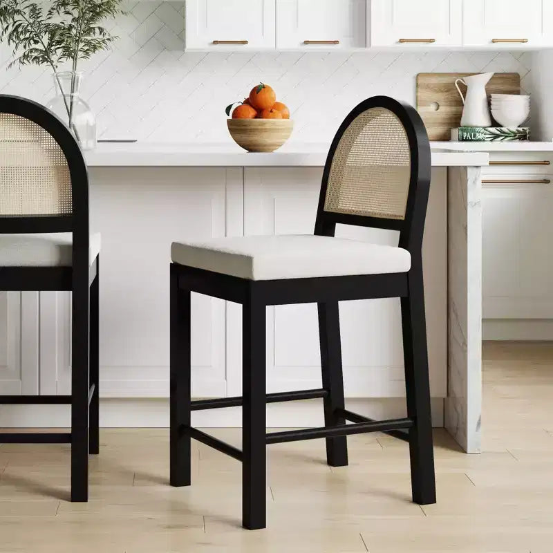 Curved Rattan Back Counter Height Barstool, Cream Boucle Seat, Black Rubberwood Legs, 24"