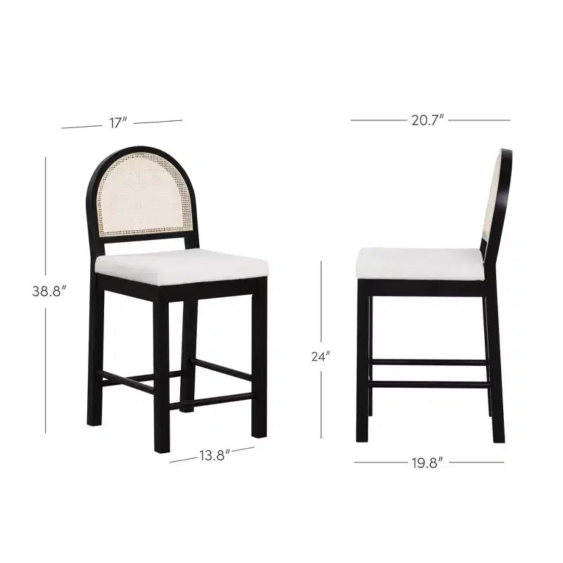 Tabouret de bar à hauteur de comptoir, dossier en rotin incurvé, assise en bouclette crème, pieds en bois d'hévéa noir, 61 cm