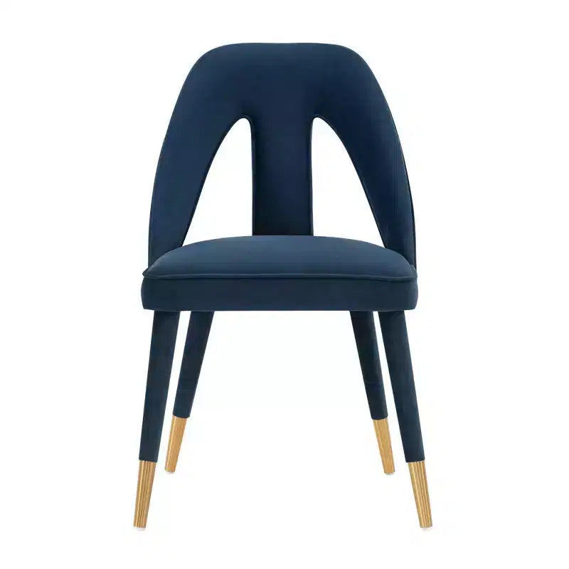 Chaise de salle à manger moderne en velours bleu nuit, structure en bois d'orme, embouts dorés, aucun assemblage requis