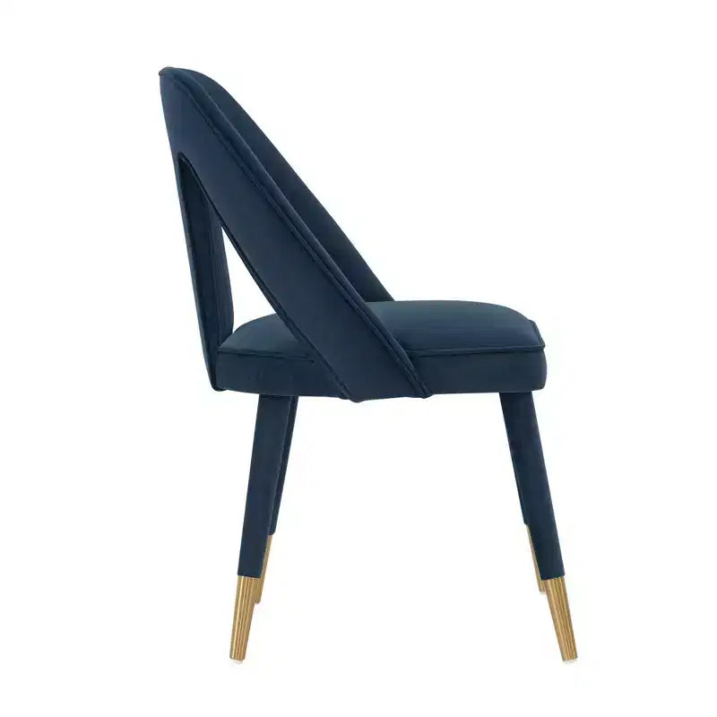 Chaise de salle à manger moderne en velours bleu nuit, structure en bois d'orme, embouts dorés, aucun assemblage requis