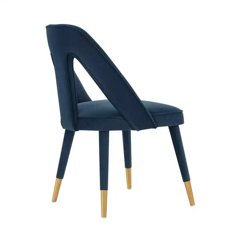 Chaise de salle à manger moderne en velours bleu nuit, structure en bois d'orme, embouts dorés, aucun assemblage requis