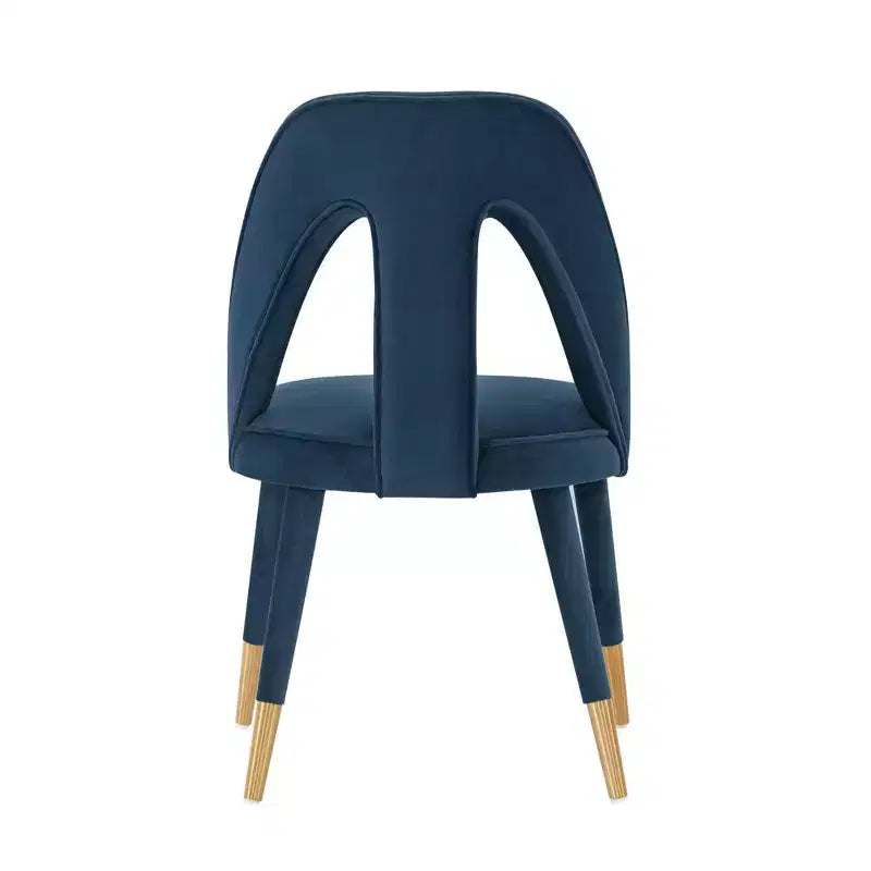 Chaise de salle à manger moderne en velours bleu nuit, structure en bois d'orme, embouts dorés, aucun assemblage requis