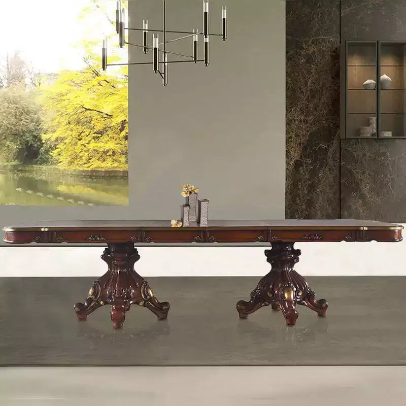 Table de salle à manger de 305 cm, finition chêne miel, double piédestal, 8 places