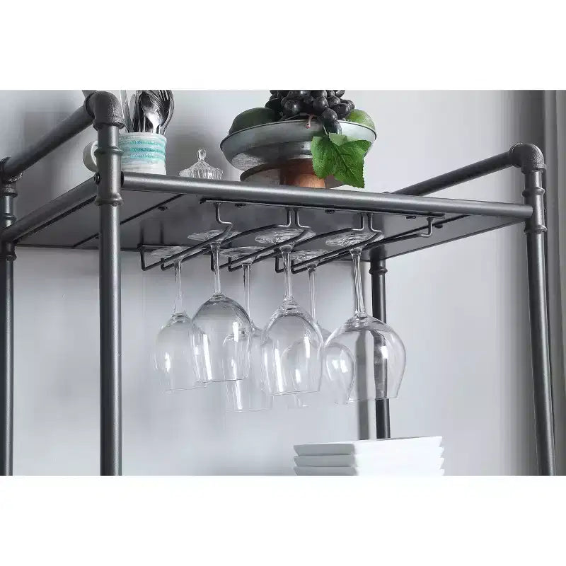 Range-bouteilles sur pied de 66 cm avec porte-verres, finition chêne antique et gris sable, peut contenir 18 bouteilles