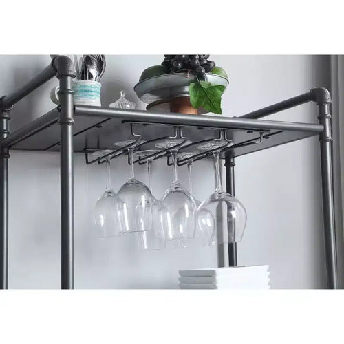 Range-bouteilles sur pied de 66 cm avec porte-verres, finition chêne antique et gris sable, peut contenir 18 bouteilles