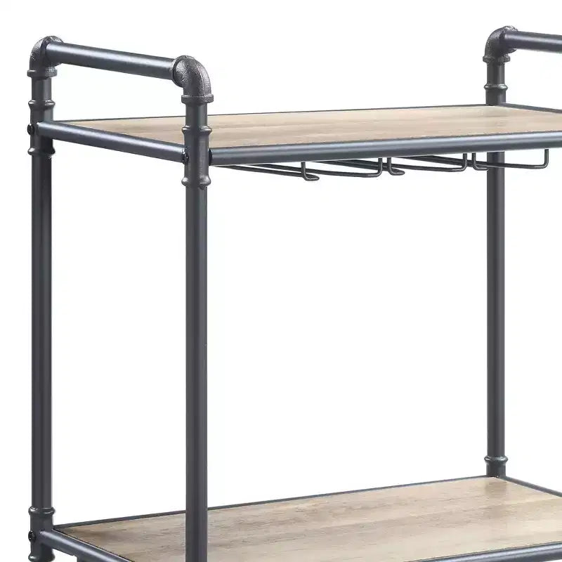 Range-bouteilles sur pied de 66 cm avec porte-verres, finition chêne antique et gris sable, peut contenir 18 bouteilles