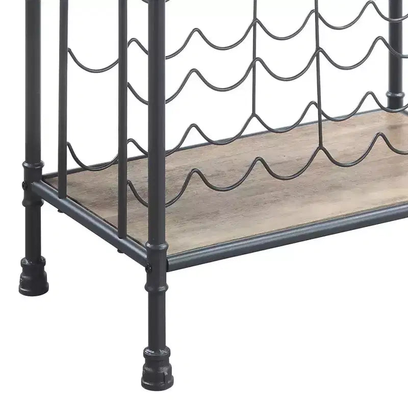Range-bouteilles sur pied de 66 cm avec porte-verres, finition chêne antique et gris sable, peut contenir 18 bouteilles