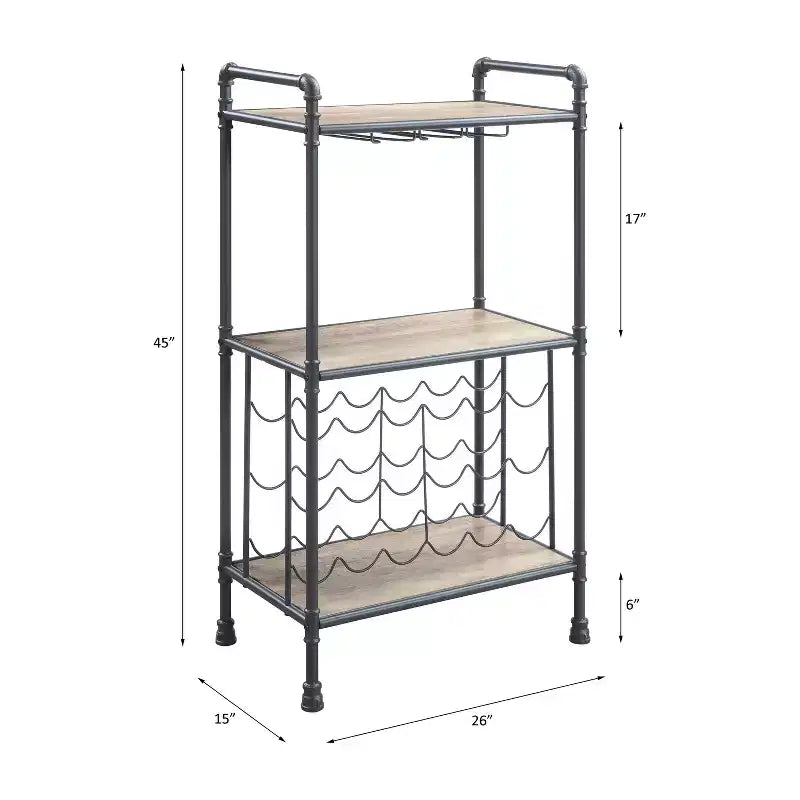 Range-bouteilles sur pied de 66 cm avec porte-verres, finition chêne antique et gris sable, peut contenir 18 bouteilles