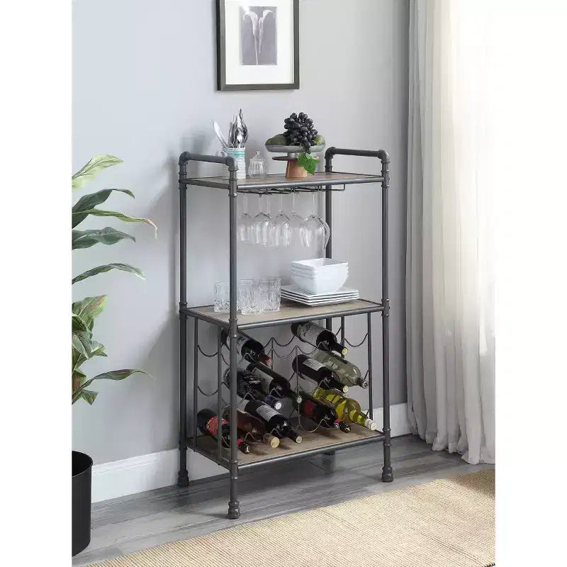 Range-bouteilles sur pied de 66 cm avec porte-verres, finition chêne antique et gris sable, peut contenir 18 bouteilles