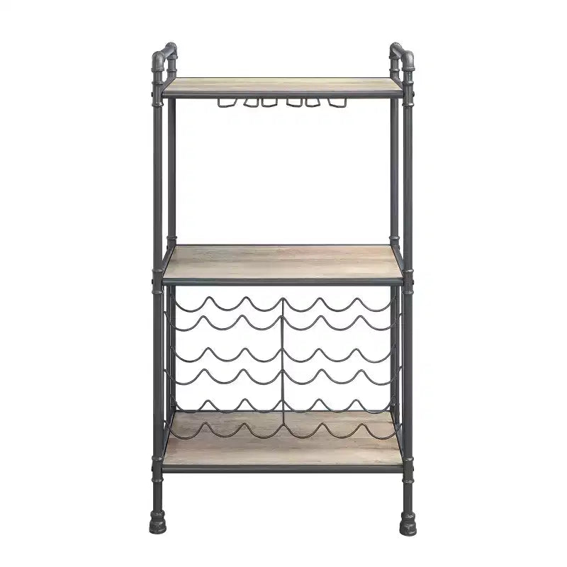 Range-bouteilles sur pied de 66 cm avec porte-verres, finition chêne antique et gris sable, peut contenir 18 bouteilles
