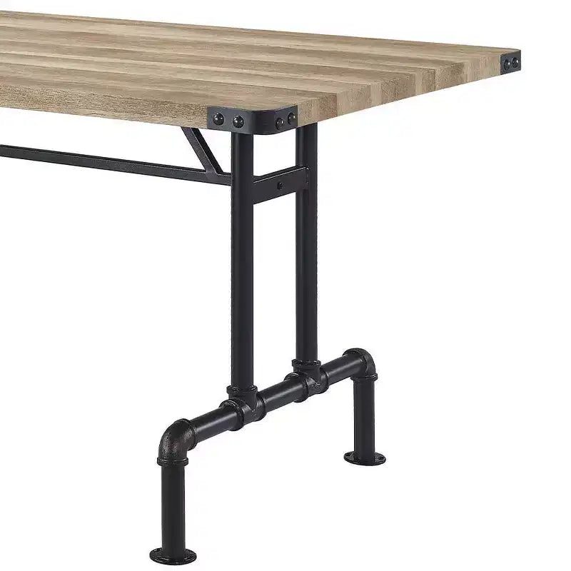 64" Dining Table, Oak and Sandy Black Finish, Industrial Farmhouse Style